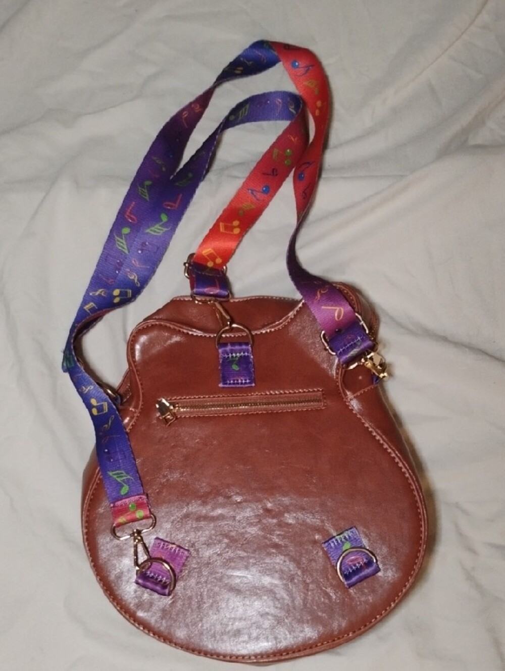 Brown and Black Guitar-Shaped Crossbody Bag with Colorful Strap - Picture 4 of 6